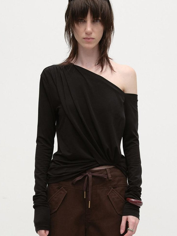 RUN TO THE FUTURE Moisture Wicking Lyocell Slim Asymmetric Neck Ruched Long Sleeve T-Shirts
