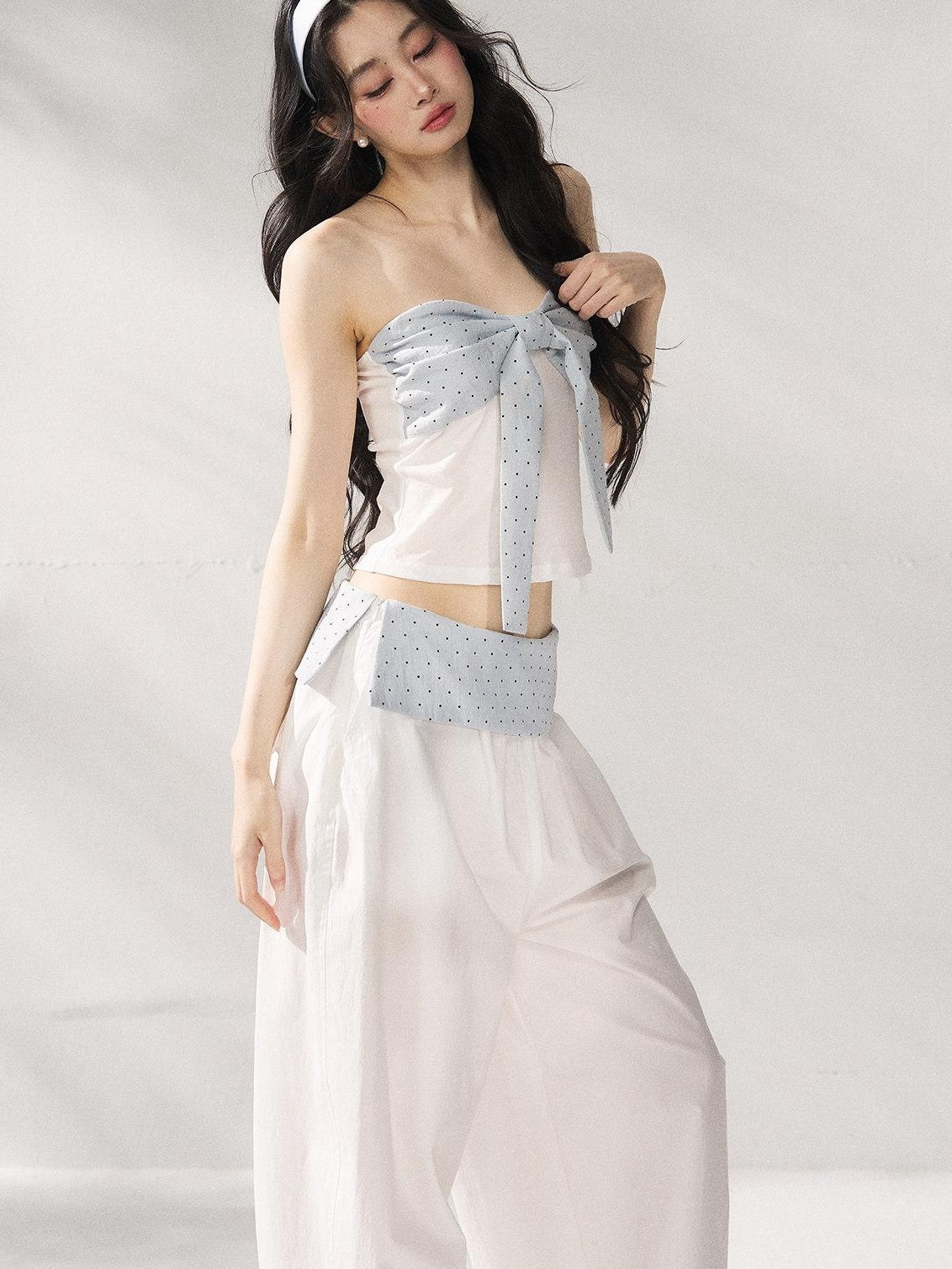 7Shiftin Polka Dot Bow Cropped Three Piece High Waist Sleeveless Women Top &amp; Pants Sets