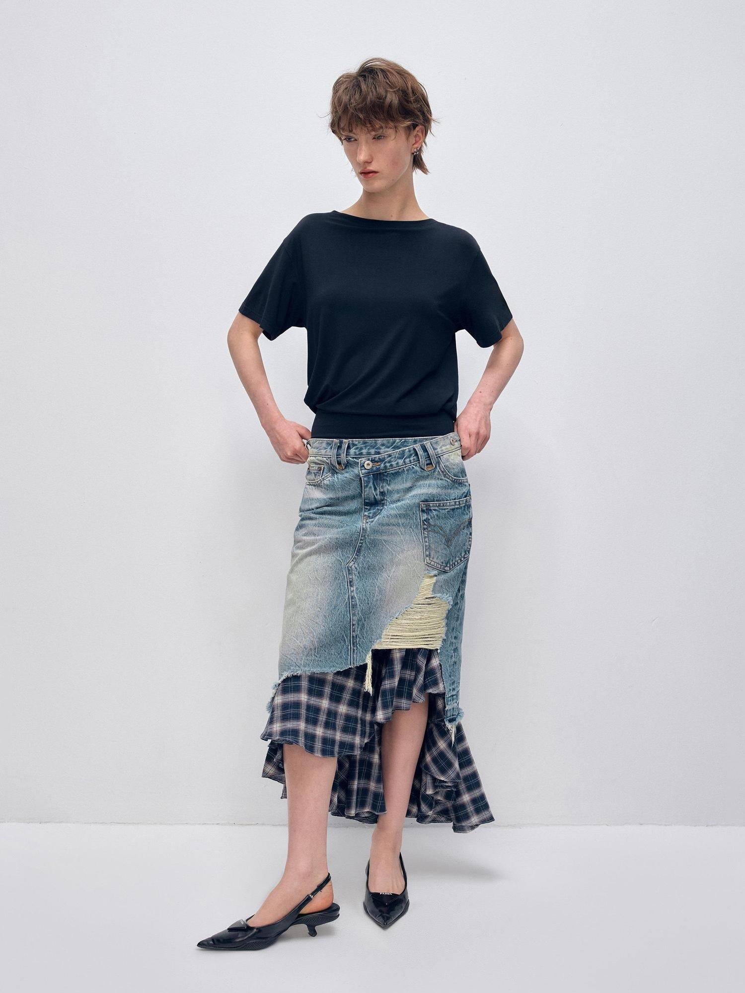 RUN TO THE FUTURE Vintage Patchwork Distressed Low Waist Slim A Line Denim Women Midi Skirts