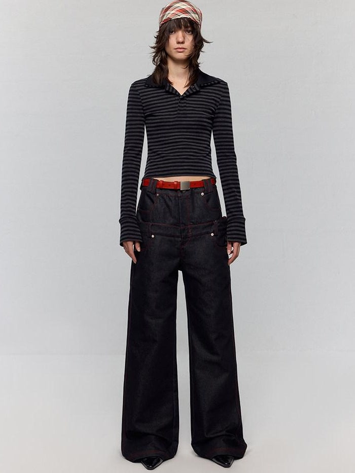 RUN TO THE FUTURE Low Rise Colorblock Loose Fit Zip Fly Black Denim Stretch Wide-Leg Jeans