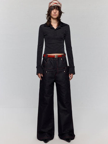 RUN TO THE FUTURE Low Rise Colorblock Loose Fit Zip Fly Black Denim Stretch Wide-Leg Jeans