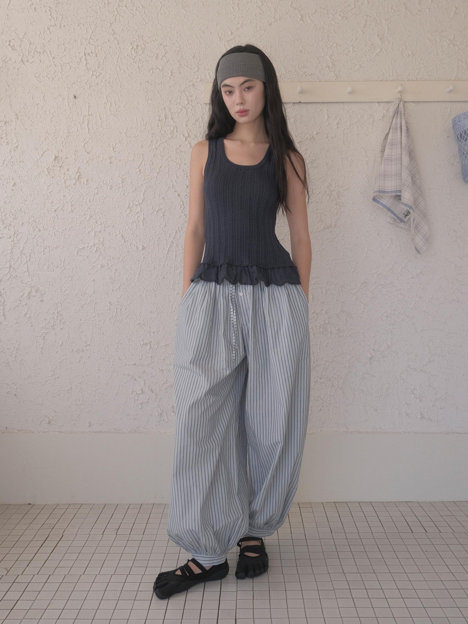 DKZ OFFICIAL Blue White Striped Relaxed Tapered Women&