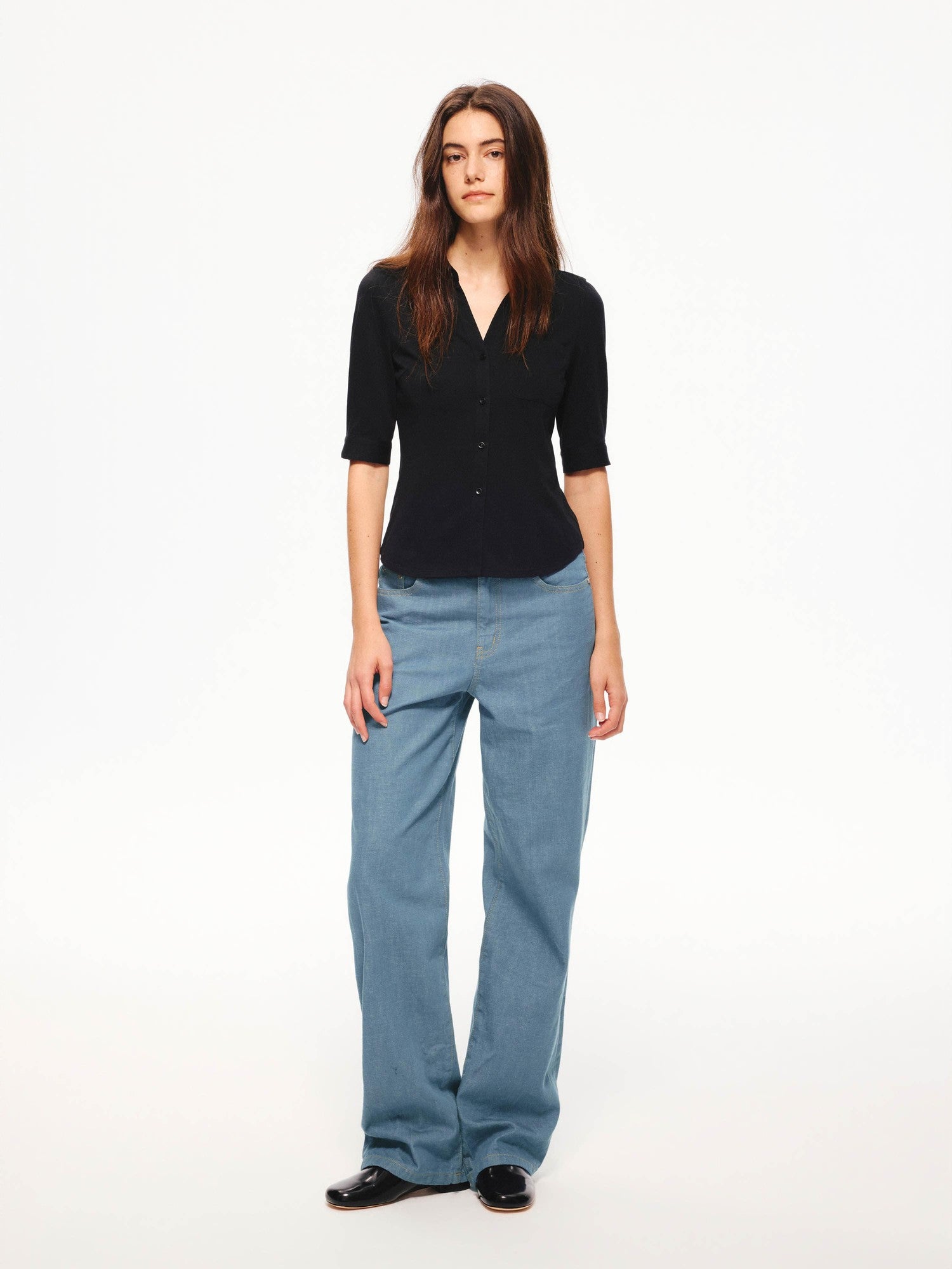 Northbutsouth Snowflake Texture Lightweight Slim Fit V-neck Mid Sleeve Women&