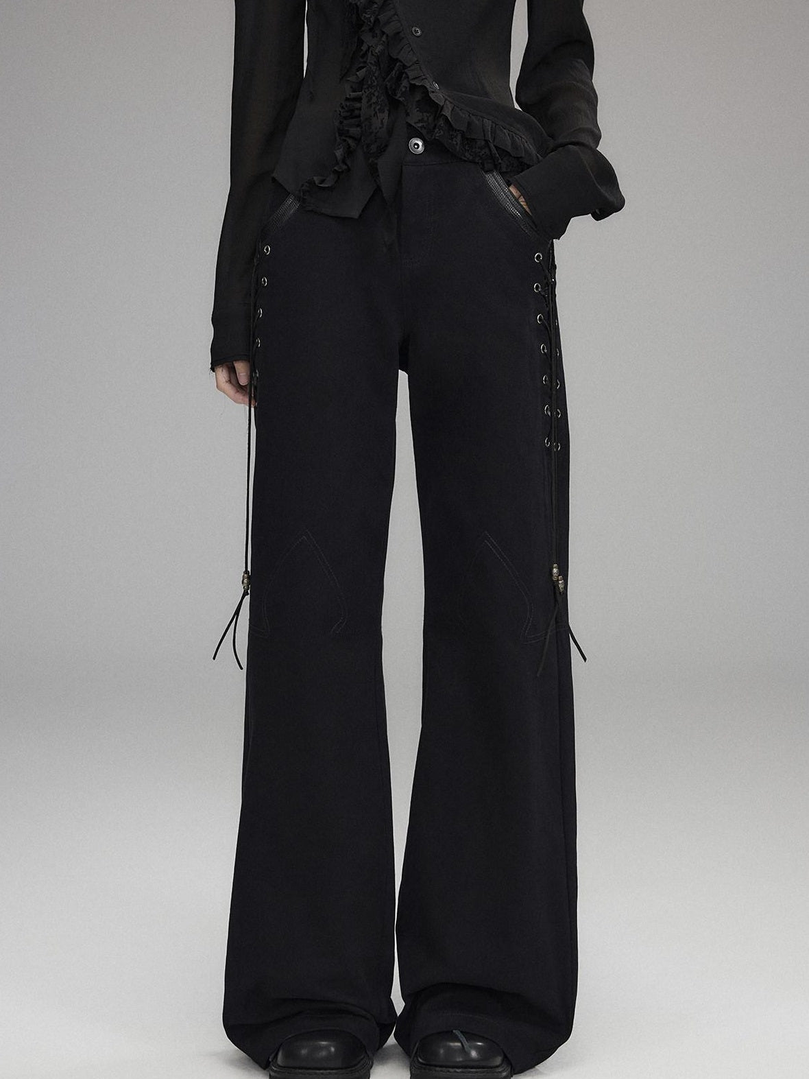 Low pixel Pure Cotton Low Rise Wide Leg Zipper Casual Womens Black Straight Pants