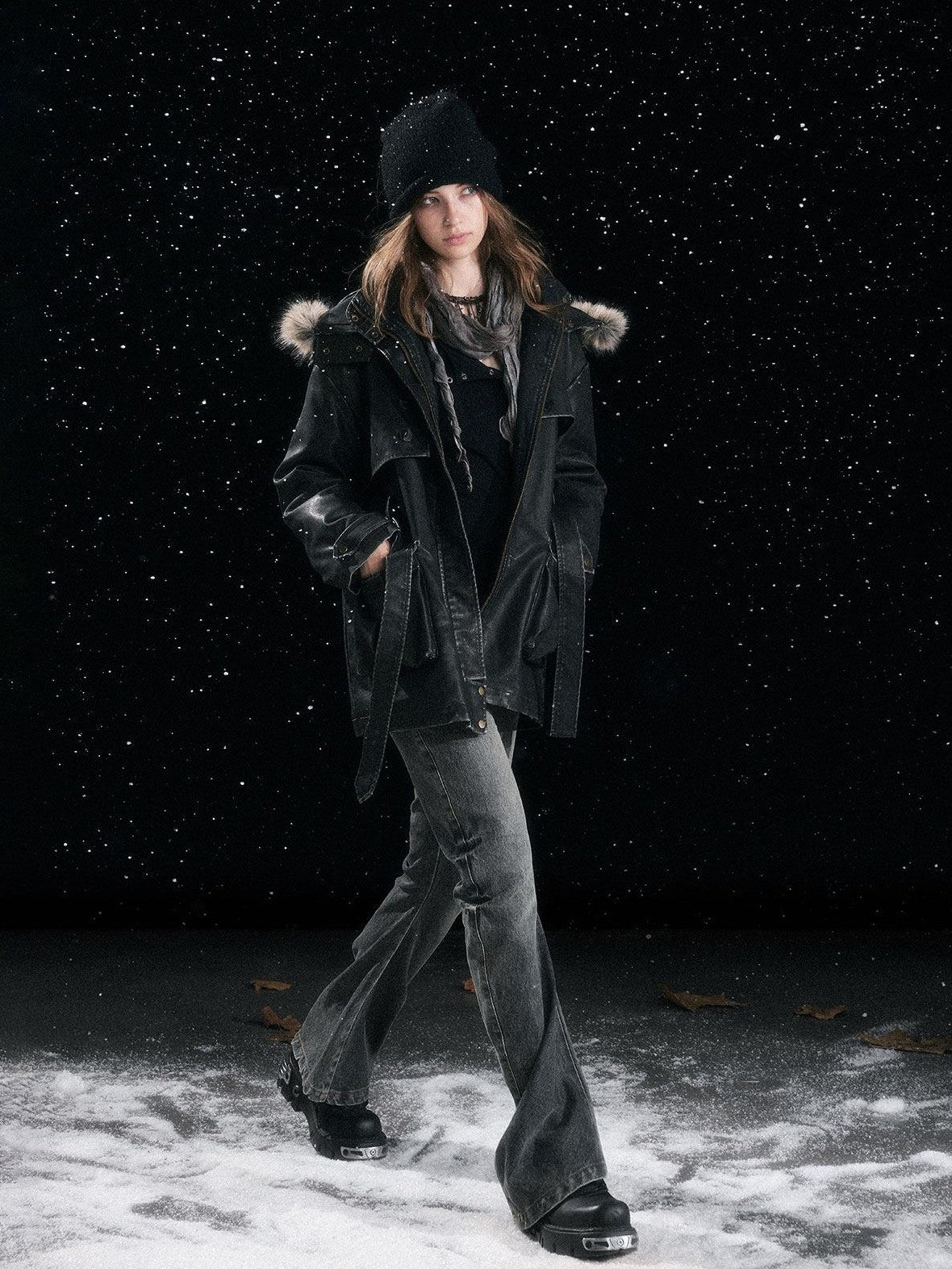 Cest Nous Fur Collar Hooded Utility Distressed Women&