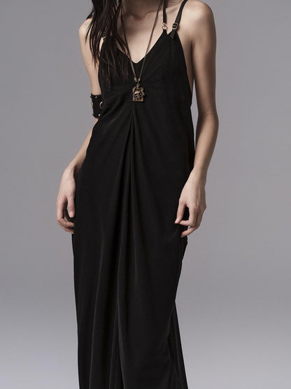 Low pixel Pure Cupro Slim Fit Dark Gothic Vneck Camisole Women Black Zip Back Maxi Dresses