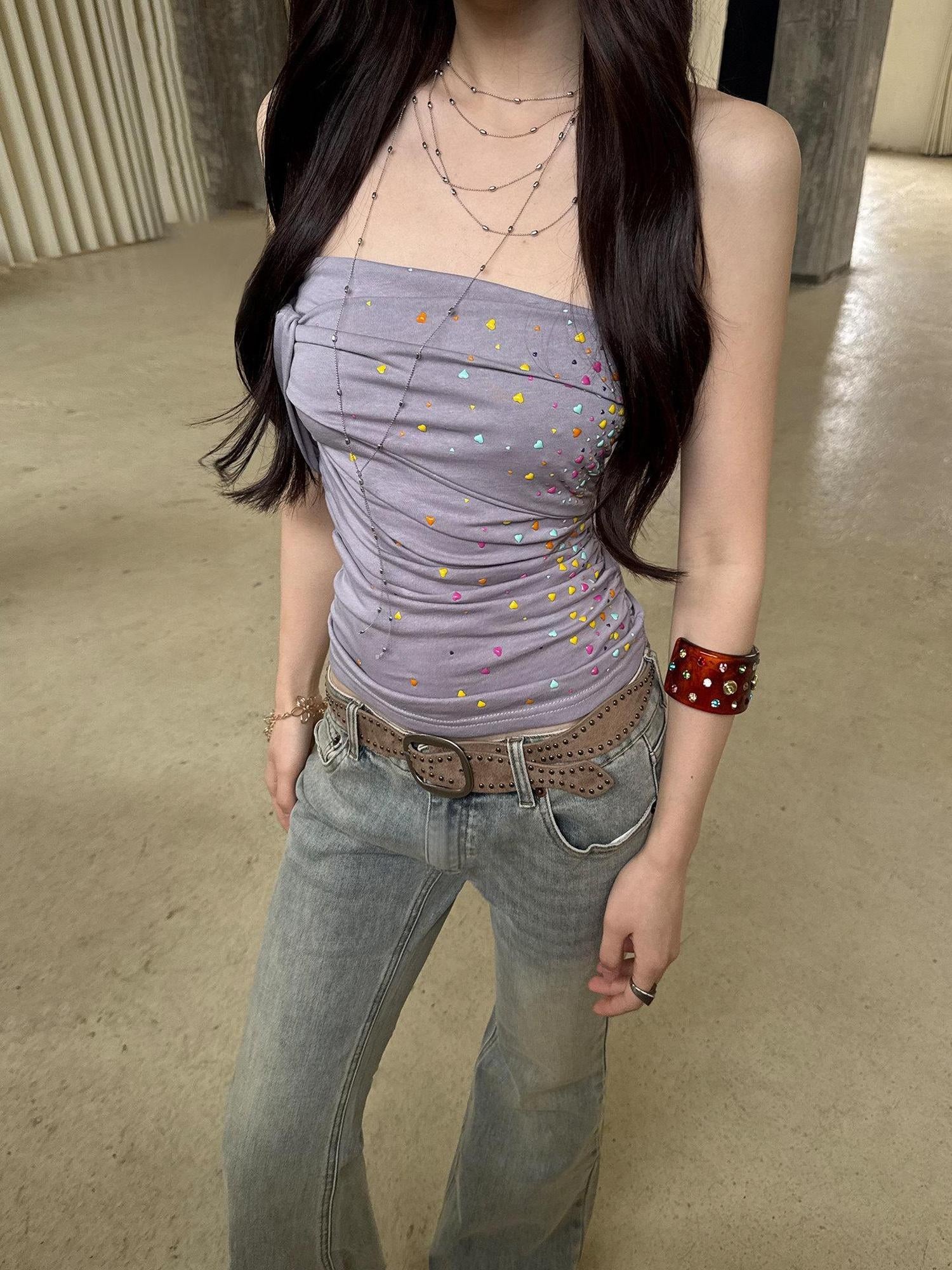 The NeverMore Original Paneled Slim Fit Cropped Casual Solid Color Dusty Pink Tube Tops