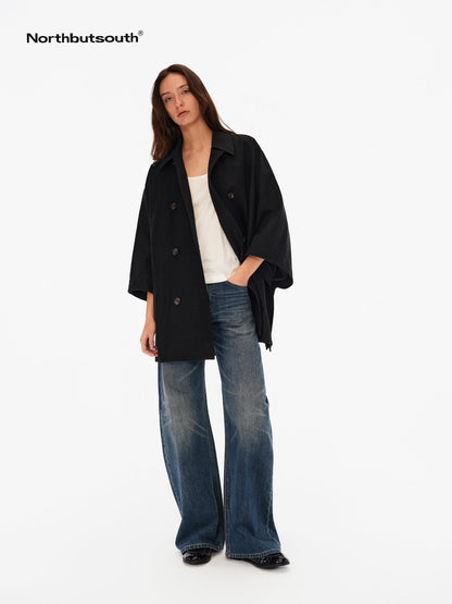 Northbutsouth Light Sheen Crinkle Double Breasted Batwing Women&