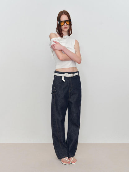 RUN TO THE FUTURE Durable Low Rise Loose Fit Casual Solid Dark Denim No Stretch Straight Jeans