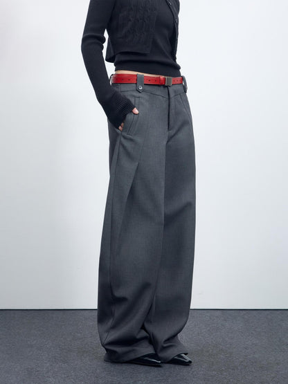 RUN TO THE FUTURE Flattering Mid Rise Minimalist Straight Cut Office Gray Black Wide-Leg Pants