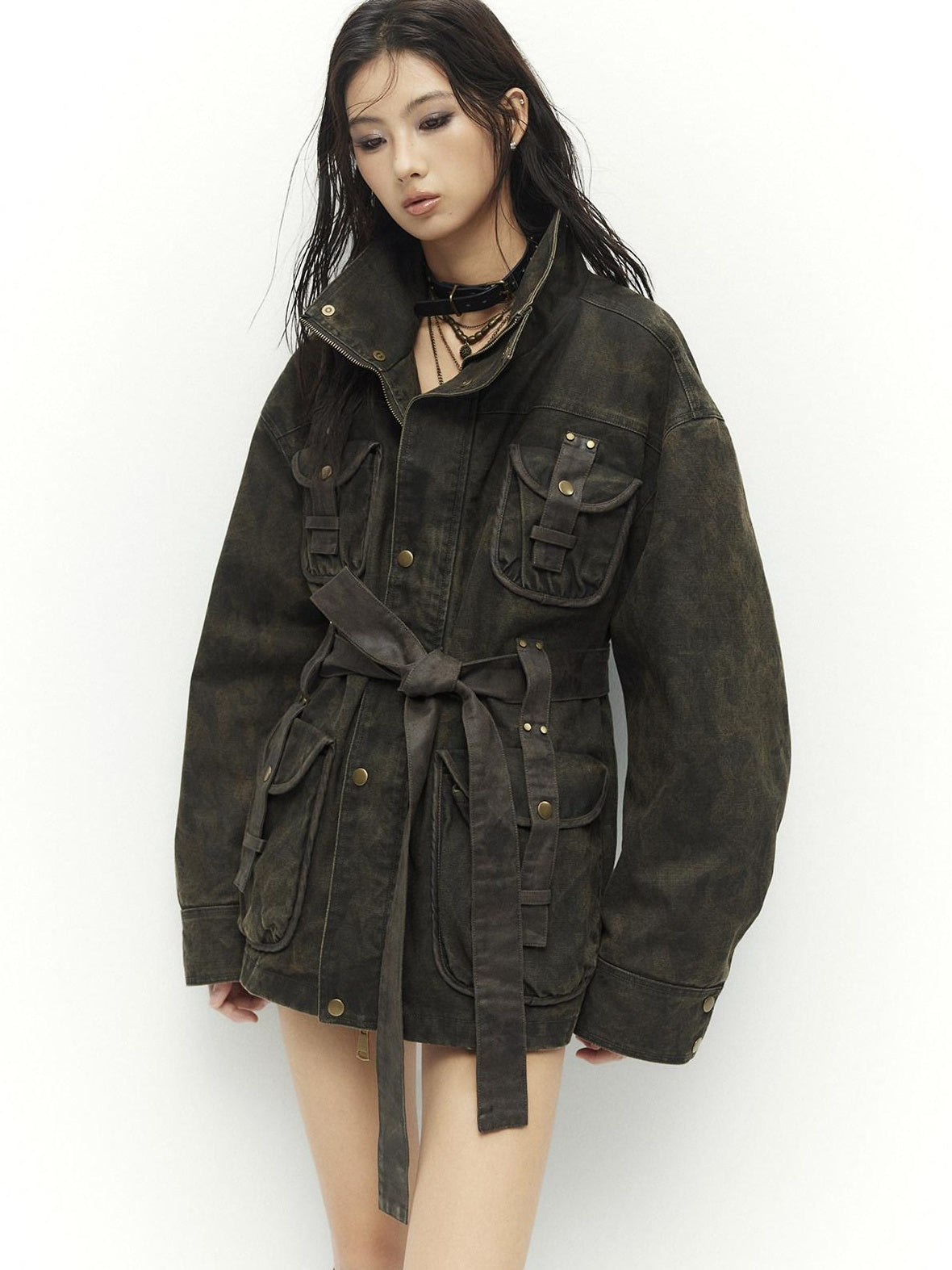 Low pixel Insulated Utility Slim Multi Pocket Stand Collar Women Cropped Jackets