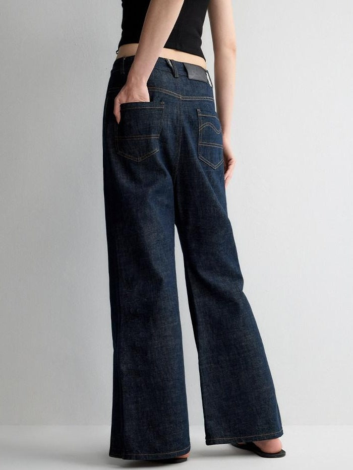 RUN TO THE FUTURE Durable Washed Casual Low Rise Wide Leg Dark Denim Flare Jeans