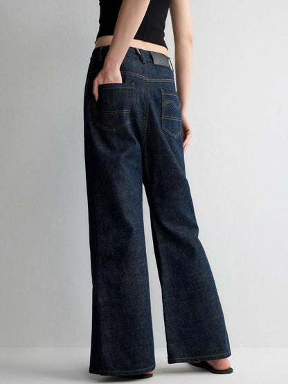 RUN TO THE FUTURE Durable Washed Casual Low Rise Wide Leg Dark Denim Flare Jeans
