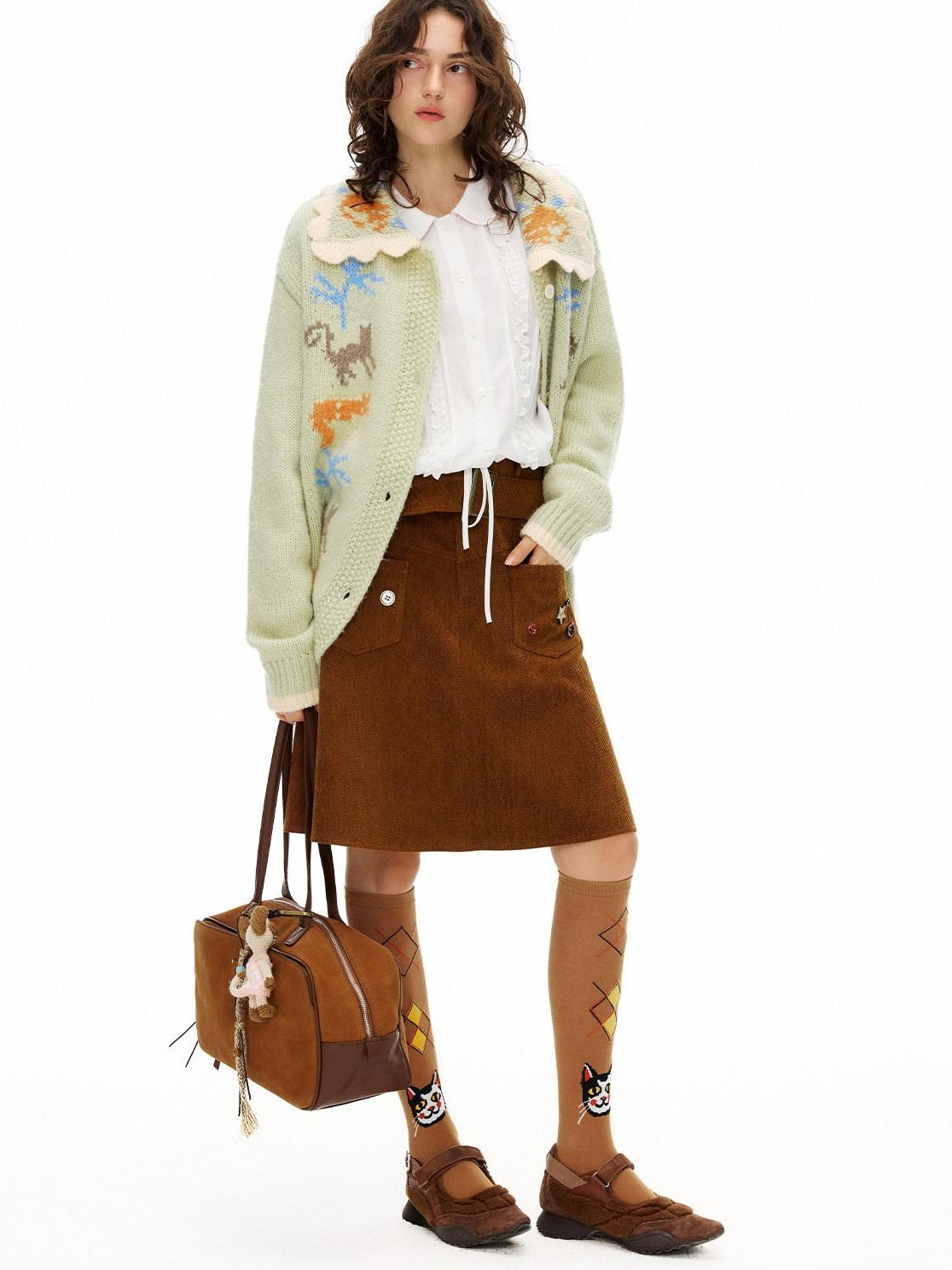 OuttheBlue Handsewn Embroidery Minimalist A Line Mid Waist Caramel Polyester Midi Skirts