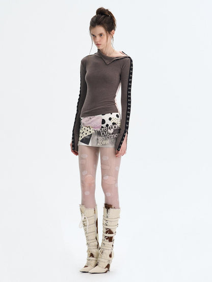 The NeverMore Brushed Viscose Spandex Sexy Slim Half Open Collar Long Sleeve Crop Tops