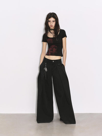 Low pixel Pleated Low Waist Relaxed Cotton Blend Black Women Wide Leg Pants