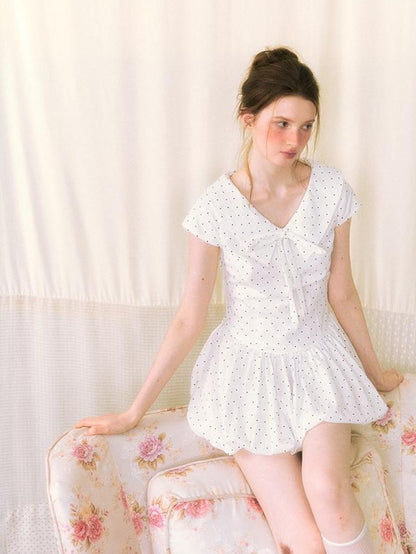 NAPSNAPS Polka Dot Sailor Collar Tie V-neck High Waist Tencel Women&