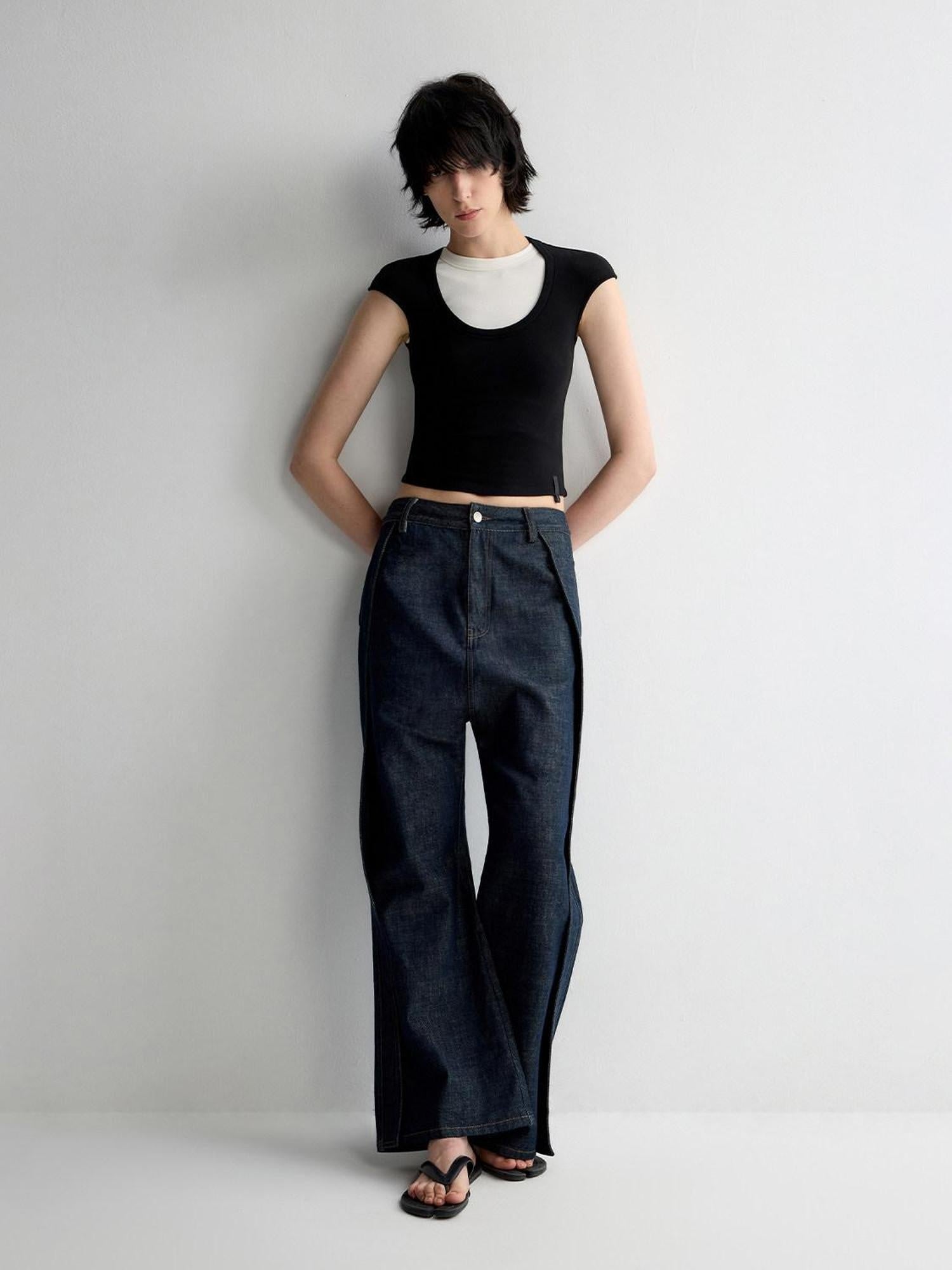 RUN TO THE FUTURE Durable Washed Casual Low Rise Wide Leg Dark Denim Flare Jeans