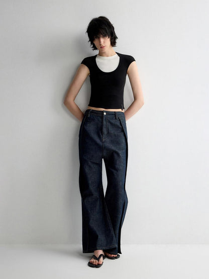 RUN TO THE FUTURE Durable Washed Casual Low Rise Wide Leg Dark Denim Flare Jeans
