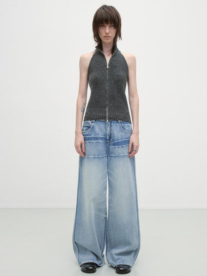 RUN TO THE FUTURE Washed Low Waist Casual Loose Fit Cotton Zipper Women Denim Blue Wide-Leg Jeans
