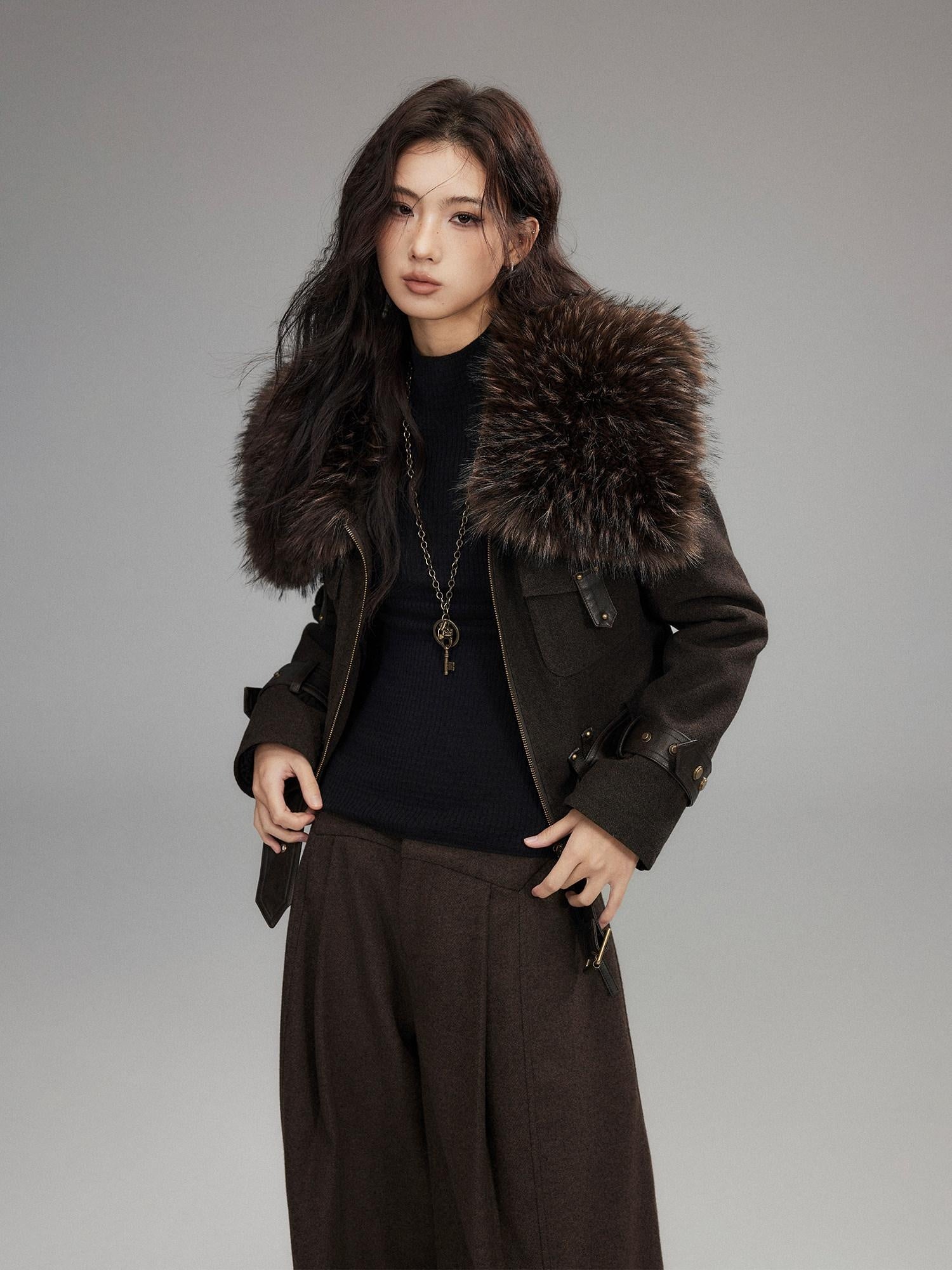 Low pixel Thick Wool Blend Slim Fit Sexy Lapel Zipper Brown Everyday Women Cropped Jackets
