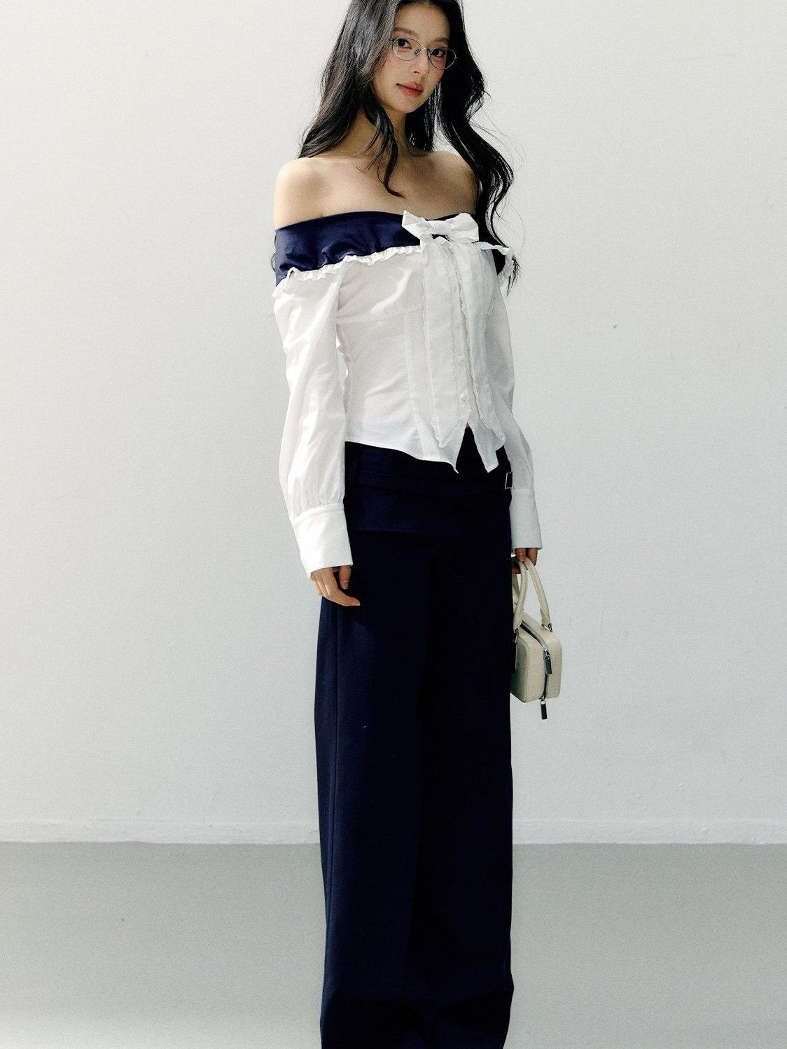 7Shiftin Slimming Off Shoulder Slim Fit Long Sleeve Cotton Bow White Blouses