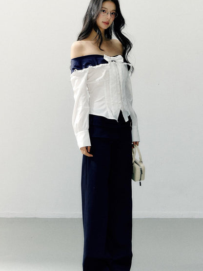 7Shiftin Slimming Off Shoulder Slim Fit Long Sleeve Cotton Bow White Blouses