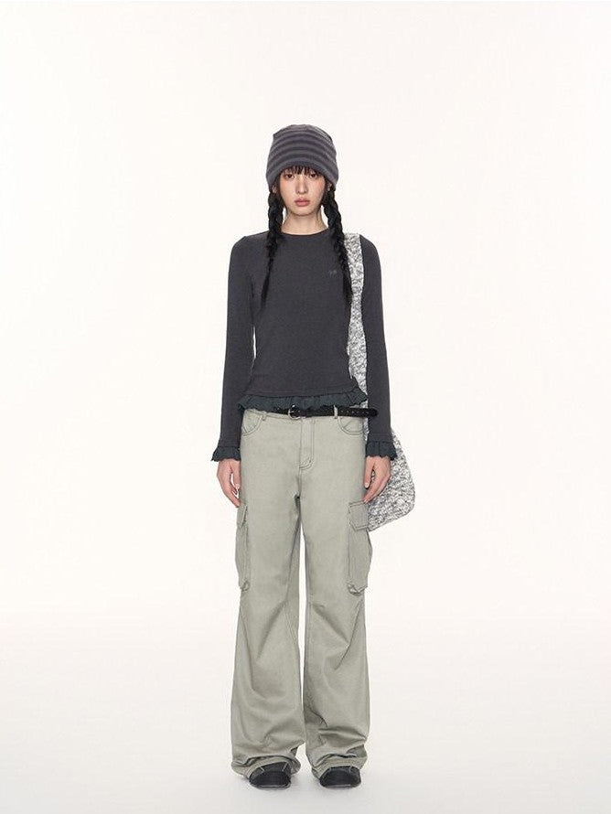NAPSNAPS Khaki Vintage Cargo Embroidered Low Waist Women&