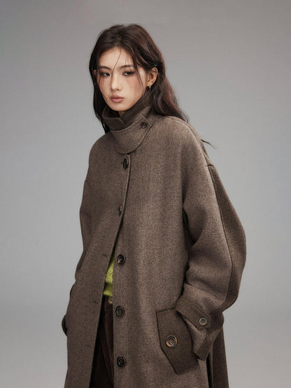 Low pixel Wool Blend Thick Colorblock Oversized Stand Collar Single Breasted Wool Coats