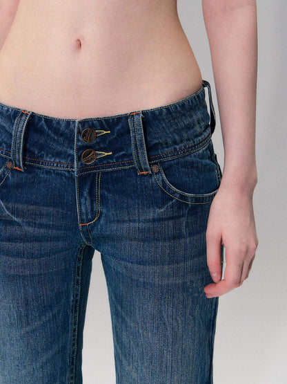 The NeverMore Slight Stretch Low Rise Slim Cotton Casual Women Deep Blue Straight Leg Jeans