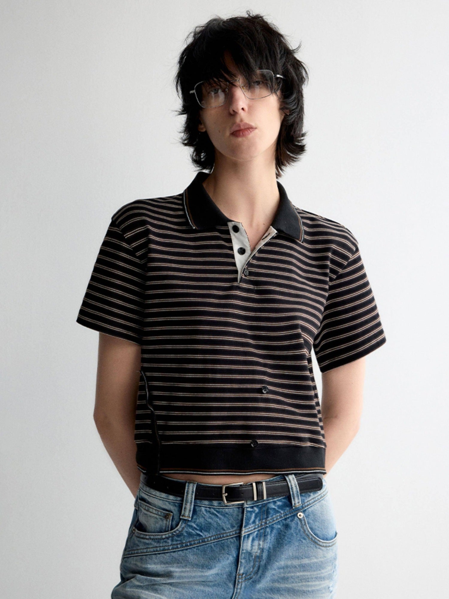 RUN TO THE FUTURE Breathable Cotton Slim Fit Asymmetric Henley Striped Low Waist Women Crop Tops