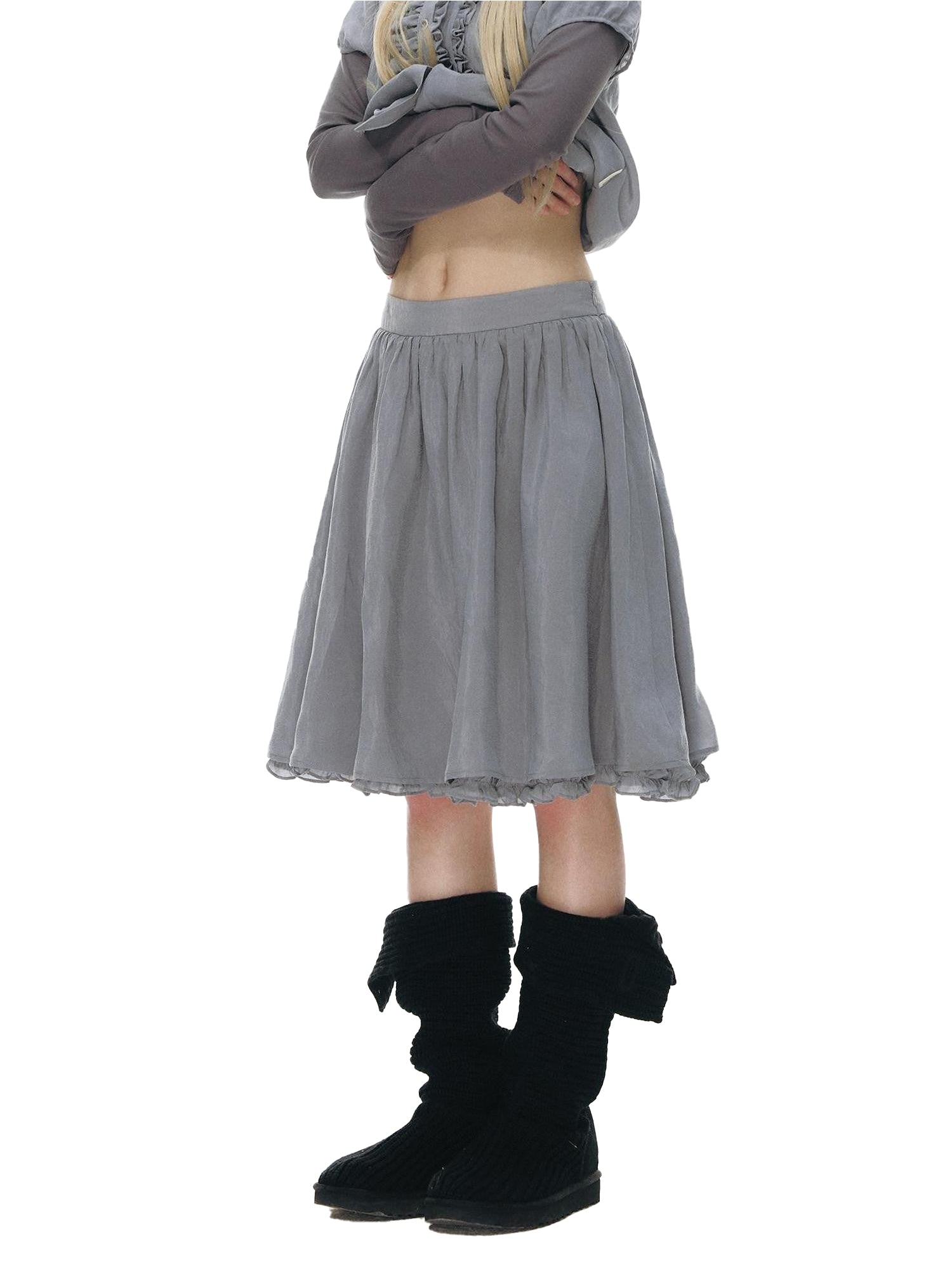 NAPSNAPS Gray Blue Lace Puff Sleeves Cardigan Women&