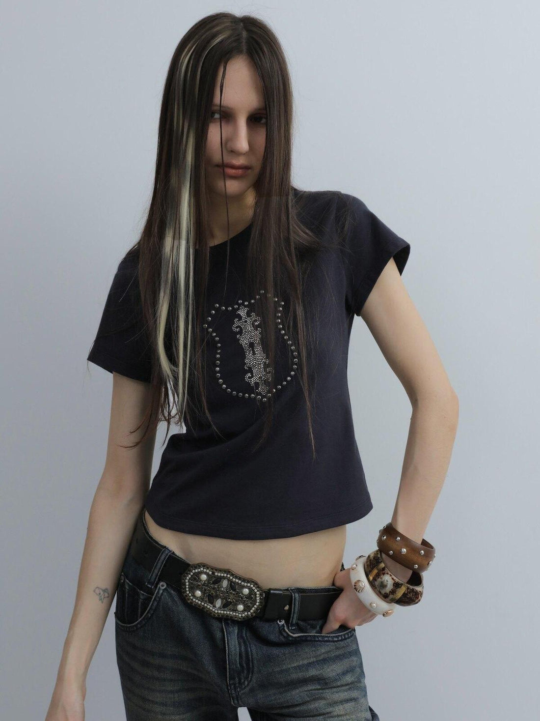 DoublePunch Cropped Hotfix Rhinestone Slim Fit Vintage Women&