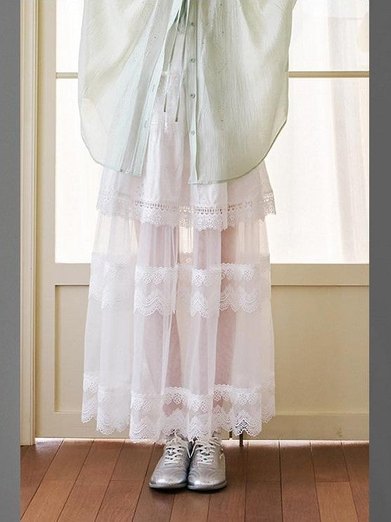 DIDDI MODA White Lace Top Petal Hem Skirt Women&