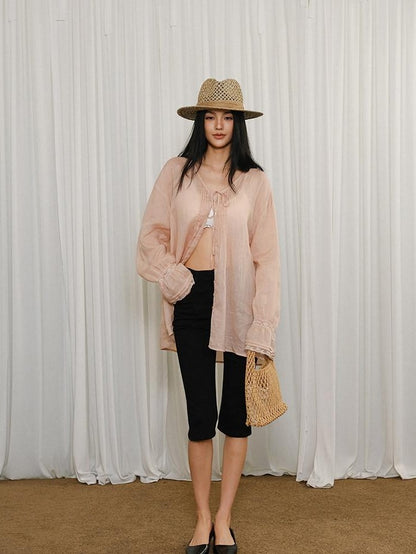 FU FRESH UP French Lace Tie Woven Long Sleeve Loose Mid Length Women&