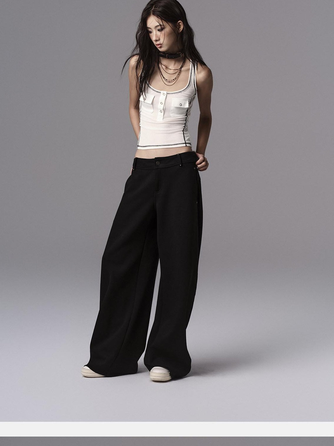 Low pixel Low Waist Dark Minimal Curved Button Fly Black Women Rayon Wide Leg Pants
