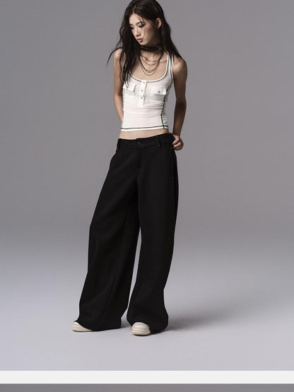 Low pixel Low Waist Dark Minimal Curved Button Fly Black Women Rayon Wide Leg Pants