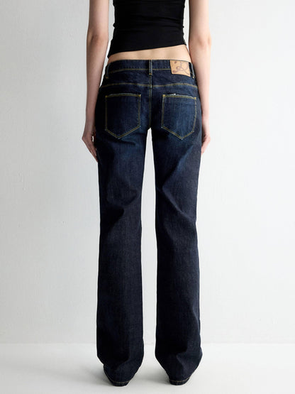 RUN TO THE FUTURE Durable Low Rise Slim Fit Casual Dark Denim Zipper Fly No Stretch Straight Jeans