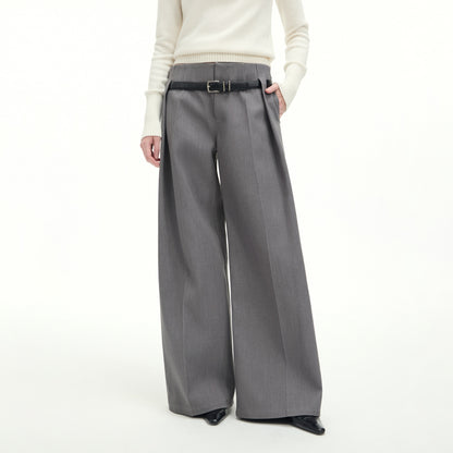 RUN TO THE FUTURE Low Rise Jacquard Minimal Casual Women Light Heather Gray Wide-Leg Pants