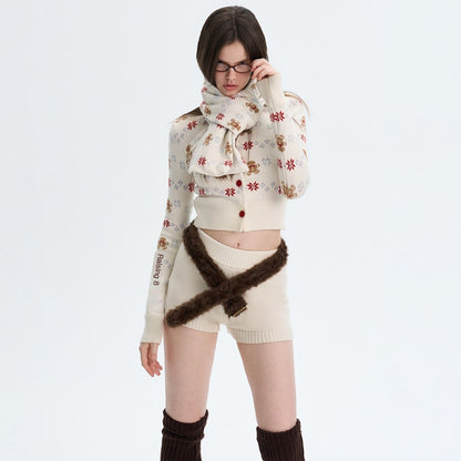 The NeverMore Cashmere Blend Bear Jacquard Cute Slim Cropped Crewneck Knitwear Cardigans