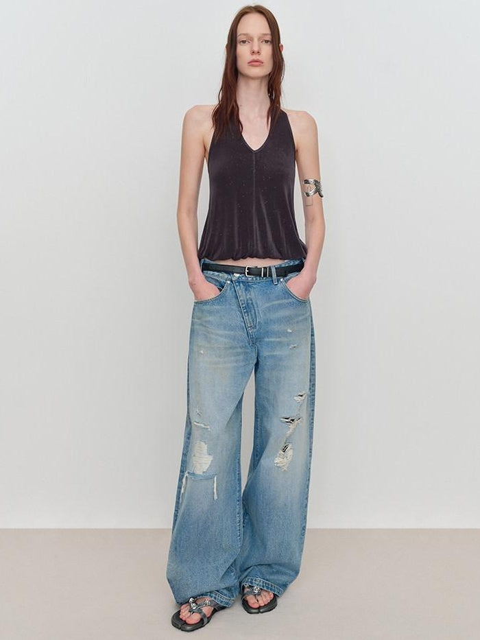 RUN TO THE FUTURE Durable Distressed Low Rise Loose Fit Casual Light Blue Denim Wide-Leg Jeans