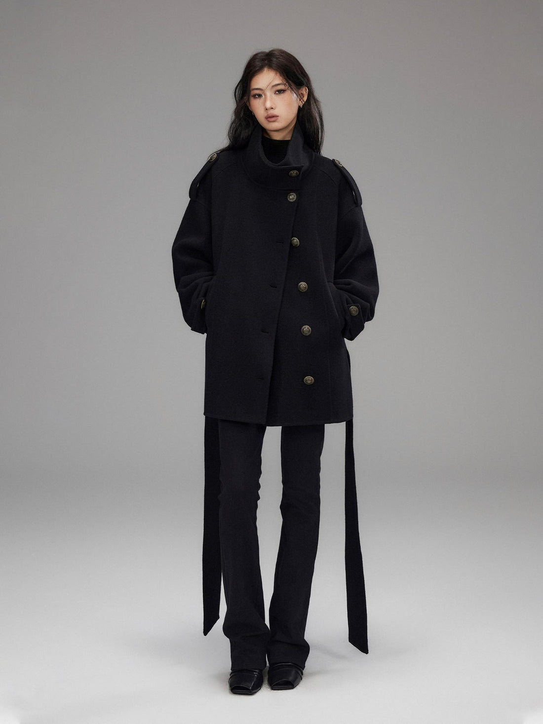 Low pixel Warm Oversized Street Midlength Notch Lapel Wool Cashmere Black Wool Coats