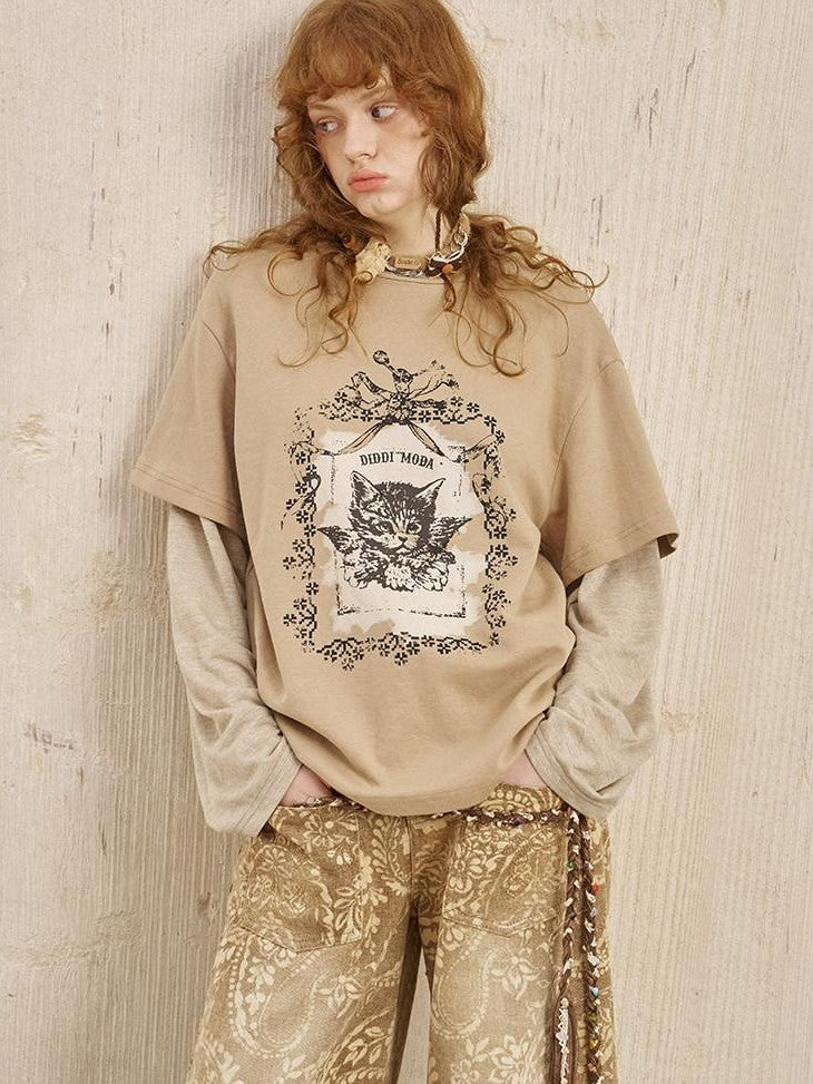DIDDI MODA Angel Kitten Print Faux Layered Loose Women&
