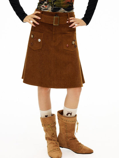 OuttheBlue Handsewn Embroidery Minimalist A Line Mid Waist Caramel Polyester Midi Skirts
