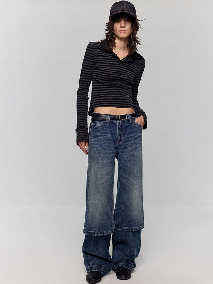 RUN TO THE FUTURE Washed Blue Denim Low Waist Relaxed Fit Casual Zipper Fly Wide-Leg Jeans