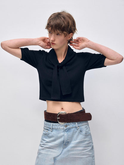 RUN TO THE FUTURE Vintage Knit Solid Black Short Sleeve Straight Fit Ladies Crop Tops
