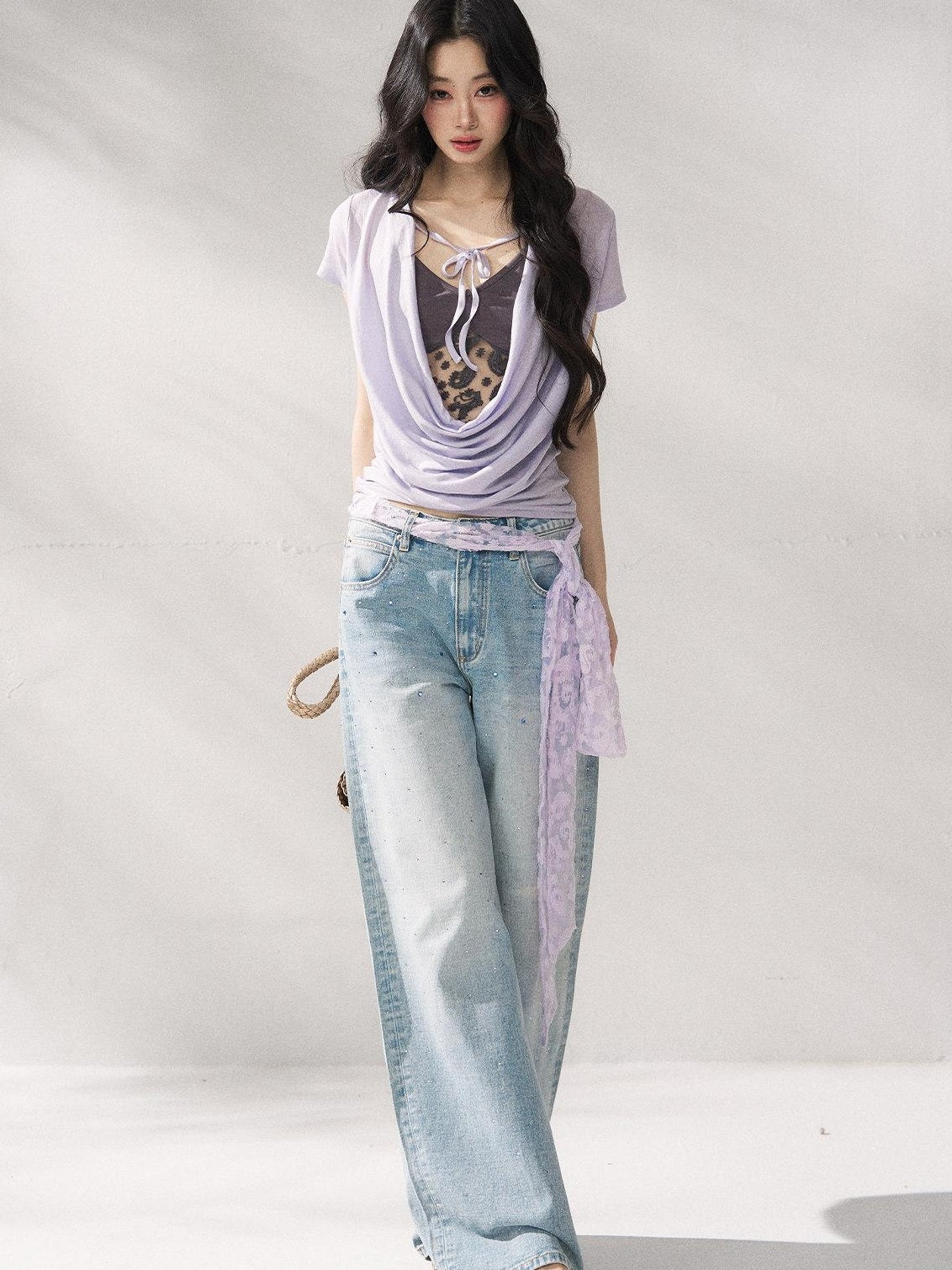 7Shiftin Purple Tie Front Relaxed Crew Neck Short Sleeve Casual Women Basic Crop Tops