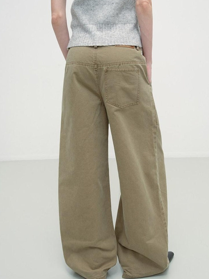 RUN TO THE FUTURE Washed Cotton Khaki Cargo Pockets Loose Mid Rise Zip Fly Casual Straight Pants