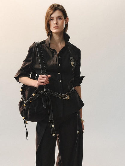 AnnoMundi Embroidered Lyocell Lace Slim Fit Double Collar Long Sleeve Women Black Blouses