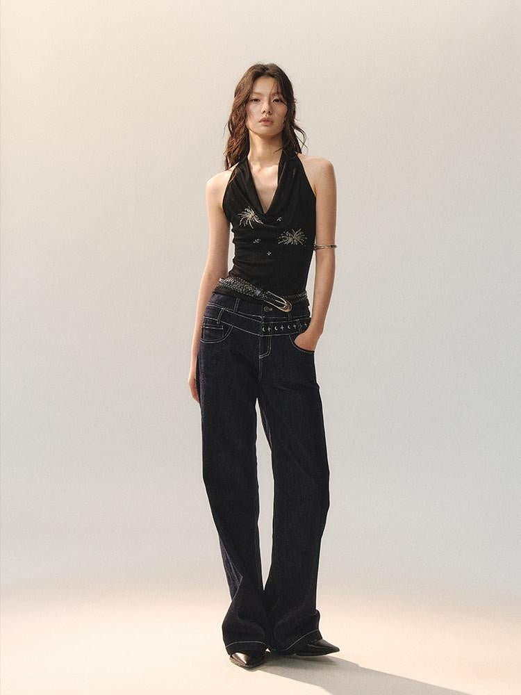 AnnoMundi Airy Lyocell Embroidered Halter Polo Collar Midi Women Black Tank Tops